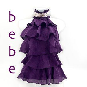 Women's Bebe Tiered Ruffle Purple Halter Top Blouse Cotton Silk Top XXS